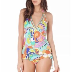 Trina Turk Sea Cove Tankini Top Sash Hipster Bottom‎ Swim Set 10 Colorful Arsty